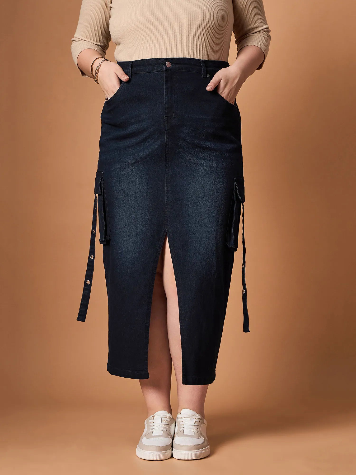 Women Black Blast Denim Side Pocket Skirt-SFSKRT30464 leather skirt bold