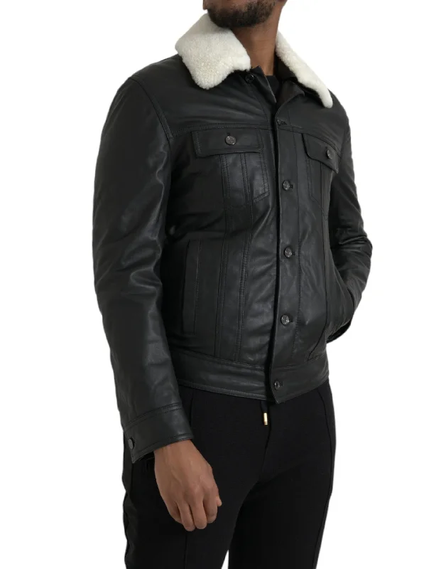 Black Leather Fur Collar Biker Coat Jacket Toggled Jacket Drawstring Jacket Belted Jacket