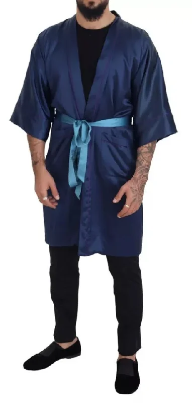 Blue Satin Silk Waist Belt Robe Jacket Cardigan Sweater Pullover
