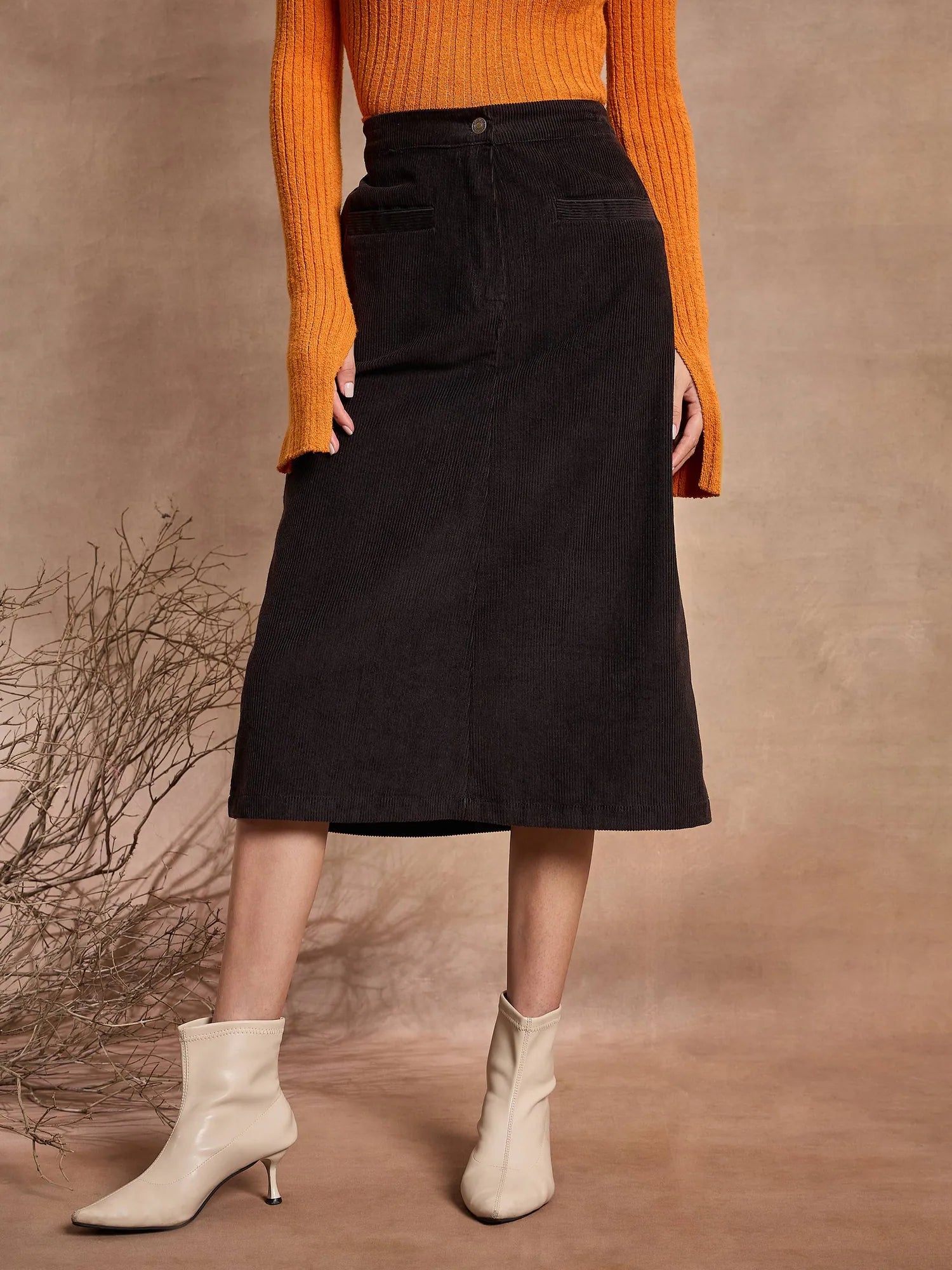 Women Black Corduroy Mock Pocket Midi Skirt-SFSKRT30471 summer skirt style