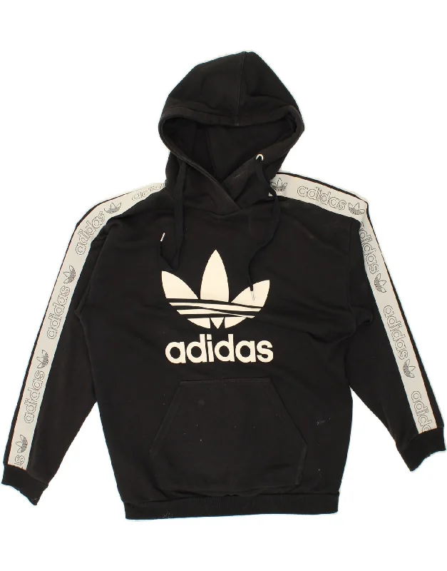 ADIDAS Womens Graphic Hoodie Jumper UK 12 Medium Black Colourblock Cotton Hoodie with Drawstring Waist Adjustable Fitted