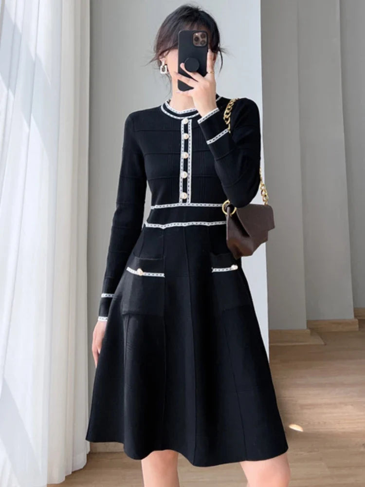 Wjczt Spring Vintage  Party Dresses Women Elegant Slim Knitted Midi Dress A-line Lady Korean Fashion Autumn Vestidos Mujer Peplum Ruffle Cocktail