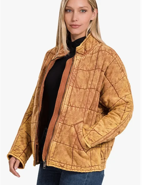 Washed Dolman Quilted Jacket With Pockets in Mustard Notch Collar Jacket Peter Pan Collar Jacket Cowl Neck Jacket