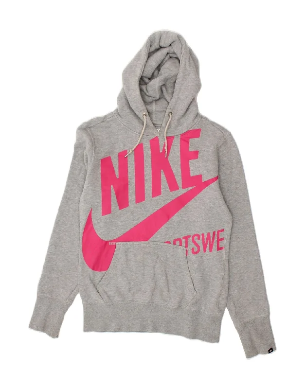 NIKE Womens Graphic Hoodie Jumper UK 10 Small Grey Cotton Graphic Hoodie Design Print