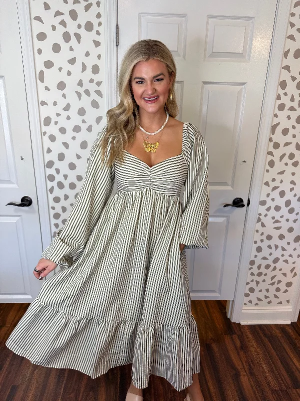 Olive Stripe Balloon Sleeve Dress Tunics Trendy modern