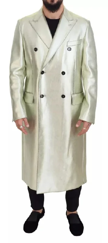 Gold Viscose Long Double Breasted Jacket Hoodie Zip-Up Jacket Button-Up Jacket