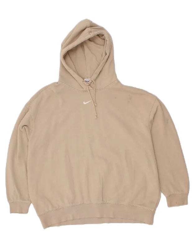 NIKE Womens Oversized Hoodie Jumper UK 16 Large Beige Cotton Hoodie with Typography Text Message