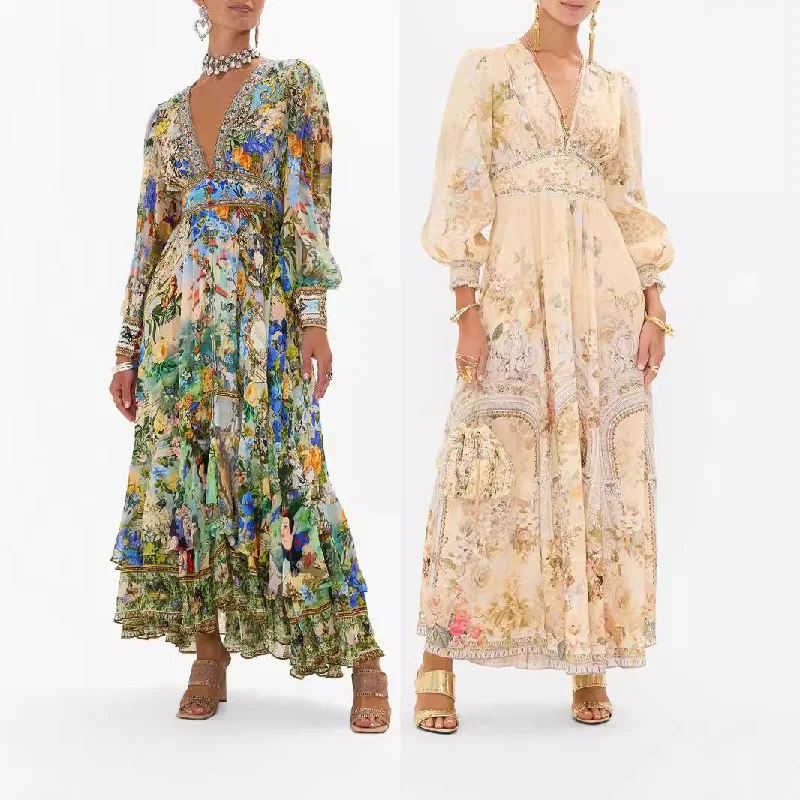 Wjczt party dresses 2024 New Arrival Hot Fashion Printed Long Sleeve V-neck Girdle Dress Tunics Business professional