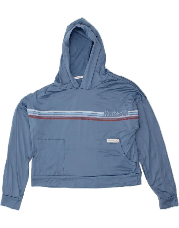 HURLEY Womens Crop Graphic Hoodie Jumper UK 16 Large Blue Striped Graphic Hoodie Design Print