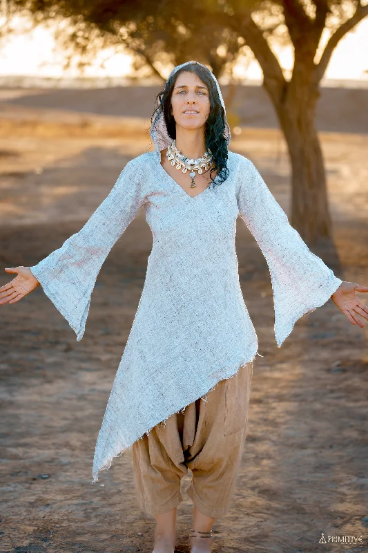 Asymmetrical Dress with Hoodie ⋙ Handwoven Khadi Cotton Hoodie with Drawcord Adjustable Secure