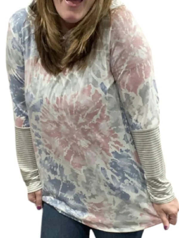 Tie Dye Meets Stripes Hoodie In Grey Multi Hoodie with Toggle Buttons Decorative Unique