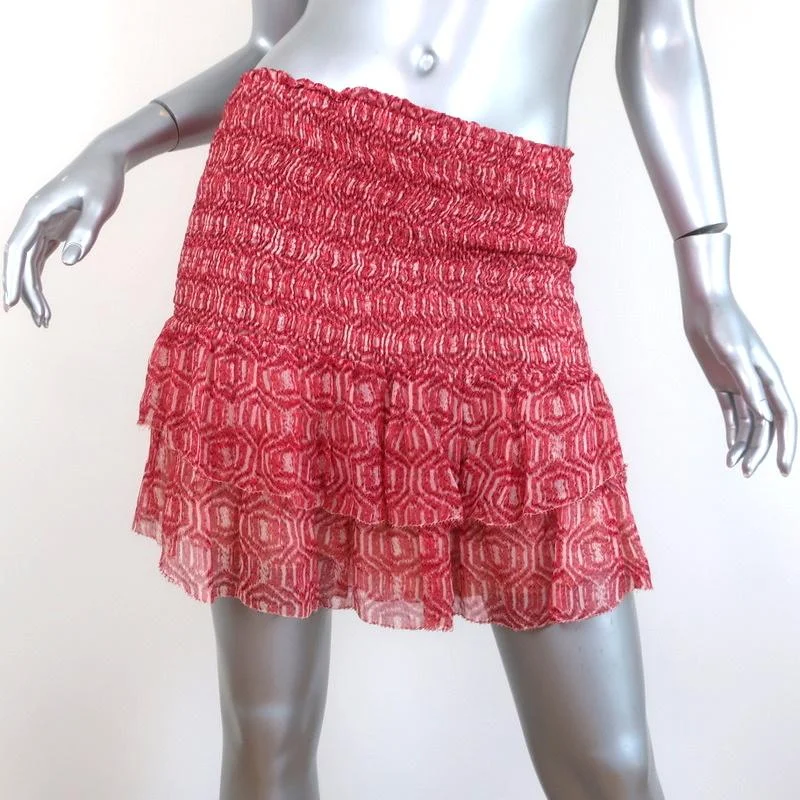 Isabel Marant Etoile Mini Skirt Zelia Red Smocked Printed Silk Chiffon Size 42 mini skirt trendy