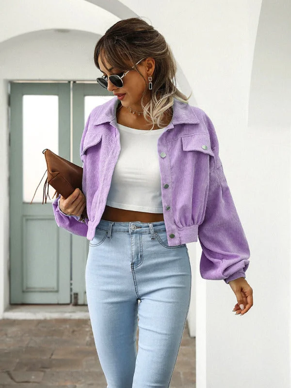 Corduroy Jacket Lantern Sleeve Single Breasted Short Jacket Women Lace Jacket Ribbed Jacket Sequined Jacket