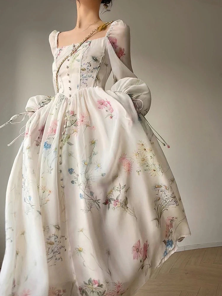 Wjczt Summer French Floral Midi Dress Elegant Chiffon Long Sleeve Party Dress Woman Beach Evening Fairy One Piece Dress Korean Tunics Solid Classic