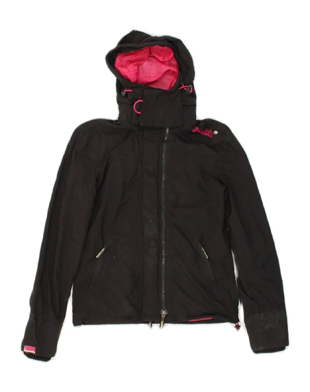 SUPERDRY Womens Hooded Rain Jacket UK 10 Small Black Nylon Wool Jacket Cashmere Jacket Tweed Jacket