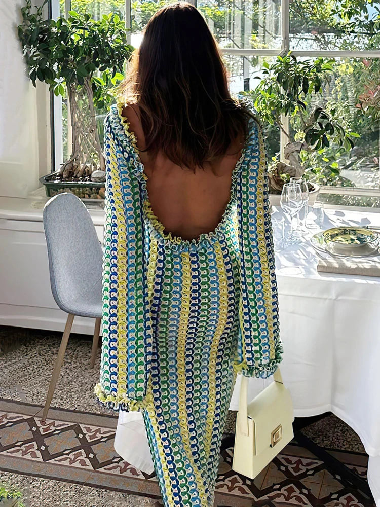 Wjczt Lace Beach Holiday Long Dress Backless Female Hollow Out Patchwork Elegant Loose Contrast Party Dress Women Maxi Dress Chiffon Maxi Beach