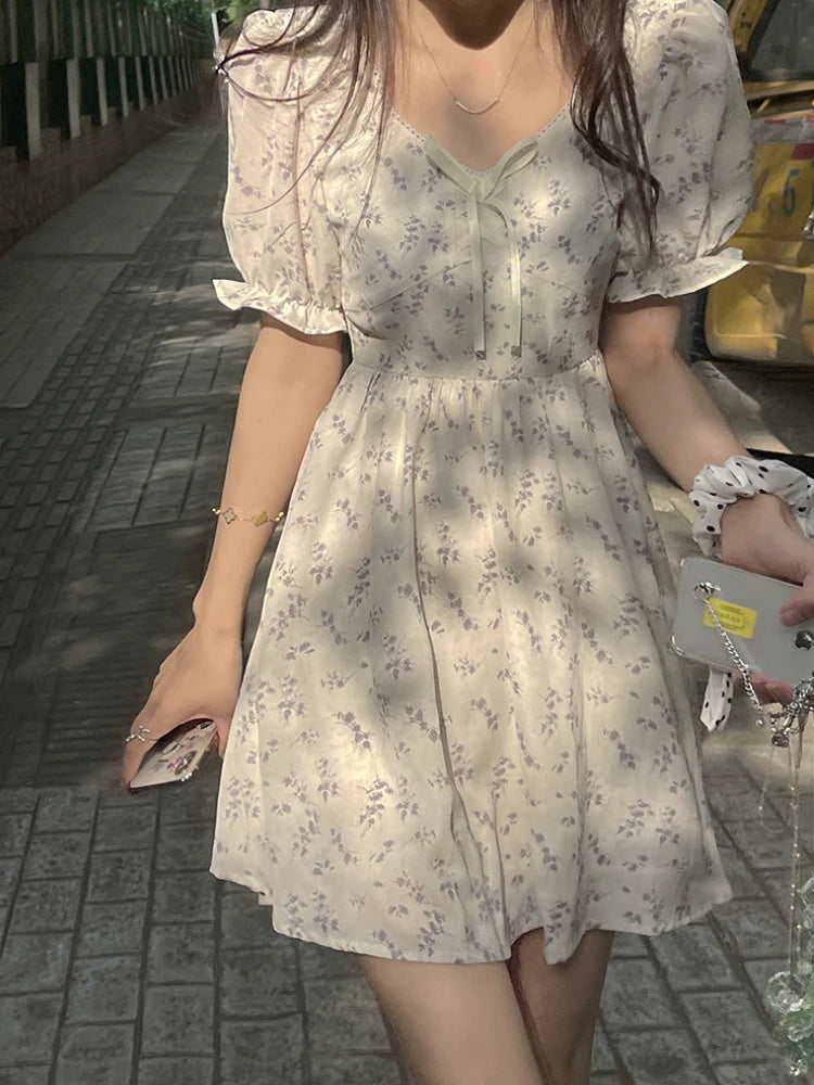 Wjczt Chiffon Sweet Floral Short Dresses Women 2024 Summer Japanese Elegant Party Dress Female Casual Long One-piece Dress Gown Kawaii Peplum Ruffle Cocktail