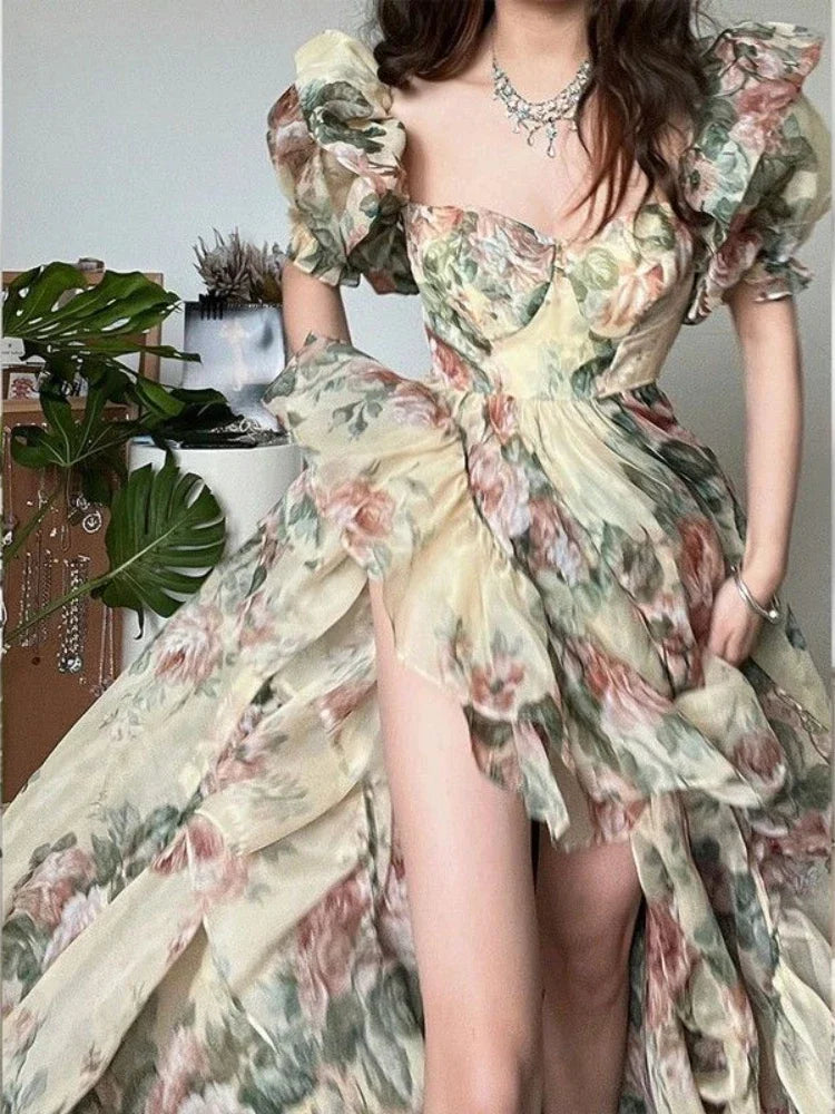 Wjczt Floral Print Evening Party Dress Women 2024 Puff Sleeve Elegant Princess Long Dres Ladies France Vintage Open Fork Dress Summer Tunics Corduroy durable