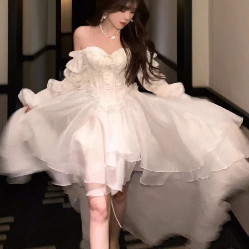 Wjczt Elegant Evening Party Dresses Women Puff Sleeve Off Shoulder Lace-up Wedding Prom Robe Ball Gown A-line Y2K Midi Vestidos New Tunics Solid Classic