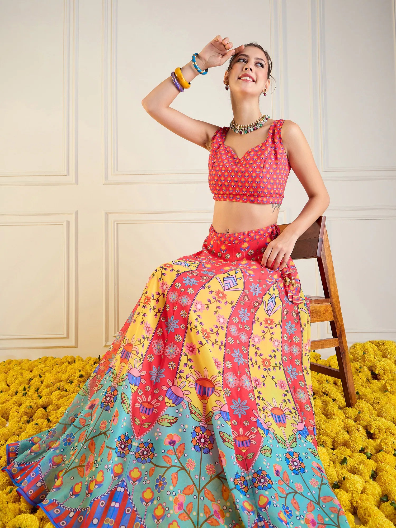 Women Red & Yellow Floral Anarkali Skirt With Dori Crop Top-SHSET95944 velvet skirt rich