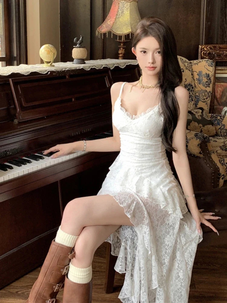 Wjczt Elegant Lace Bodycon New Sundress Sexy Spaghetti Strap Dresses Women New Sweet Korean Fashion Party Dress Female Vestidos Pleated Skirt Elegant
