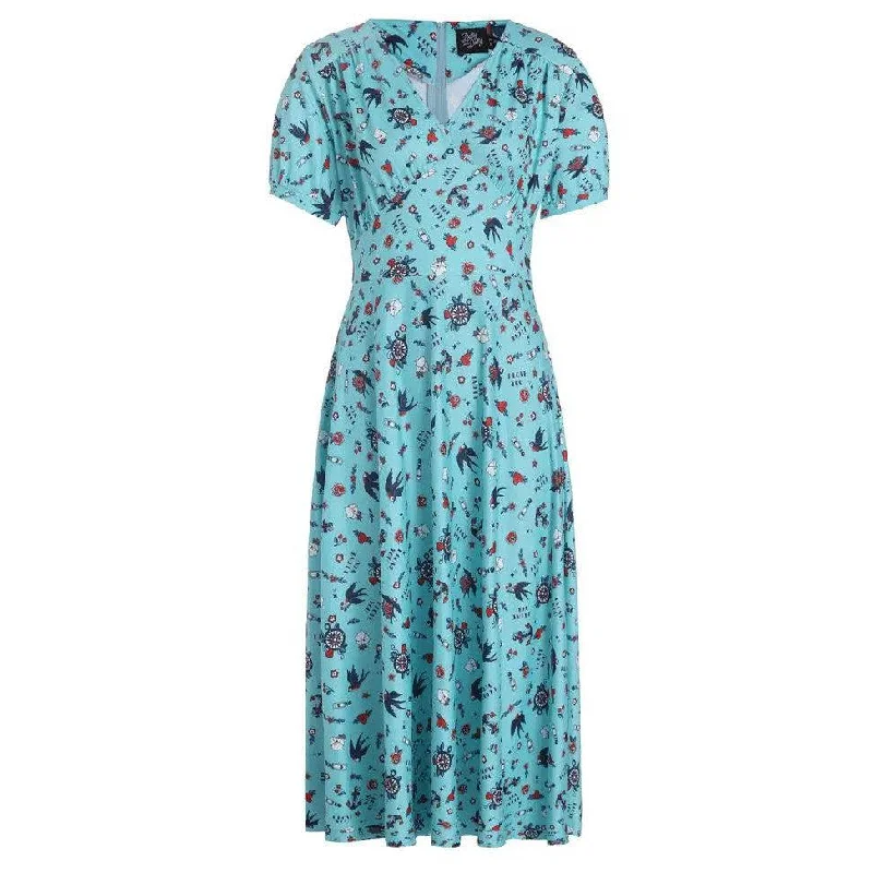 Julia Sky Blue Birds, Hearts and Roses Print Dress Boat Neckline Classic