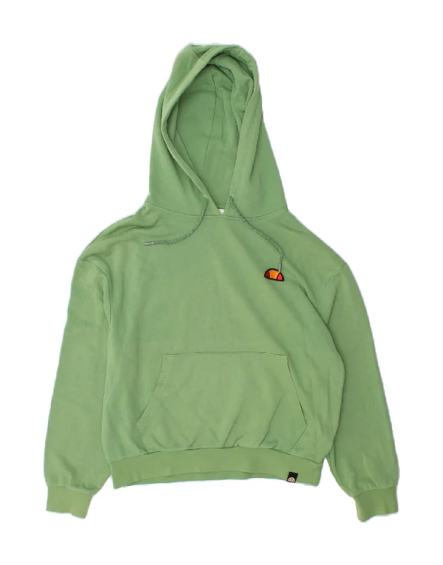 ELLESSE Womens Oversized Graphic Hoodie Jumper UK 10 Small Green Cotton Hoodie with Hem Frayed Vintage Worn ELLESSE Womens Oversized Graphic Hoodie Jumper UK 10 Small Green Cotton Hoodie with Hem Frayed Vintage Worn