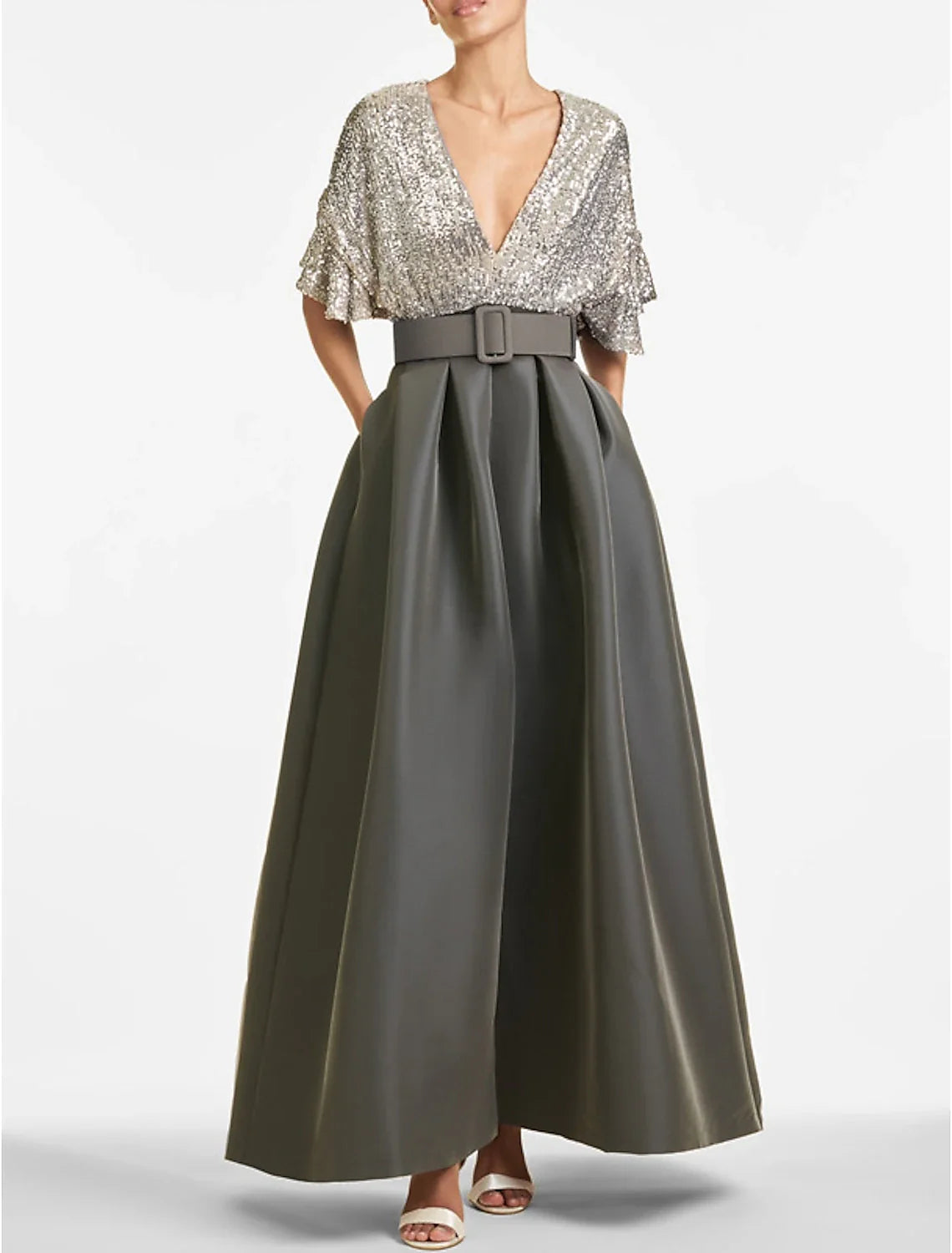 A-Line Evening Gown Party Dress Sparkle & Shine Dress Formal Wedding Guest Ankle Length Half Sleeve V Neck Fall Wedding Guest Sequined with Sequin Strappy Tunics Seasonal trendy