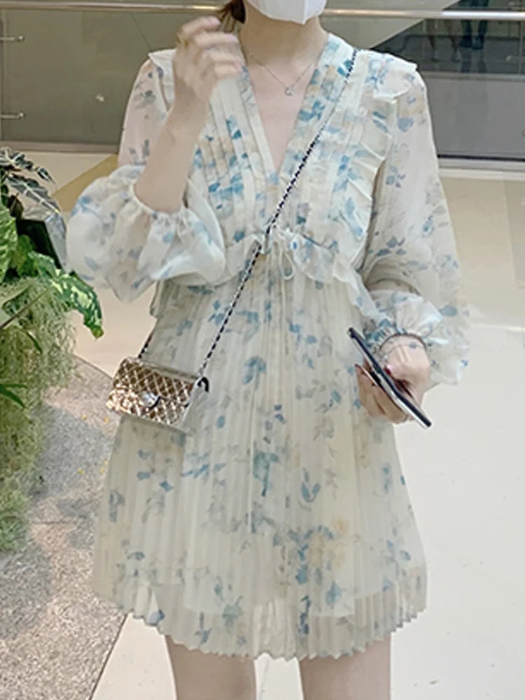 Wjczt Elegant Chiffion Floral Mini Dress Women Sexy Ruffles Korean Vintage Fairy Dress Female 2024 Summer Fashion Casual Party Dresses Tunics stripes playful