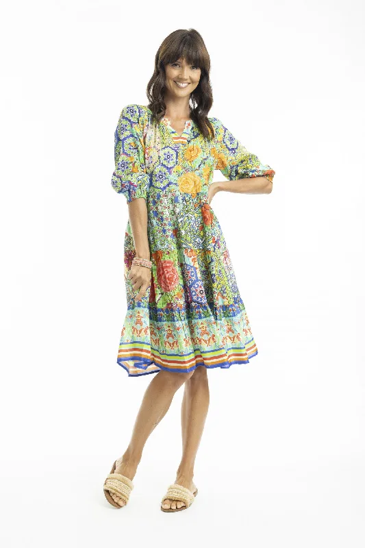 Tara Dress 3/4 Sleeve- Blue Mosaic Tunics Mesh breathable