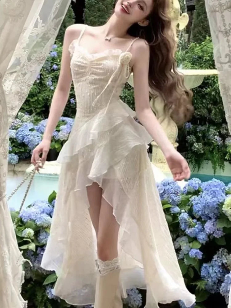 Wjczt Y2K Ruffles Spaghetti Strap Irregular Midi Dress Women Summer New Slim Fairycore Birthday Party Dress Prom Robe Vestidos Mujer Tunics Fleece cozy