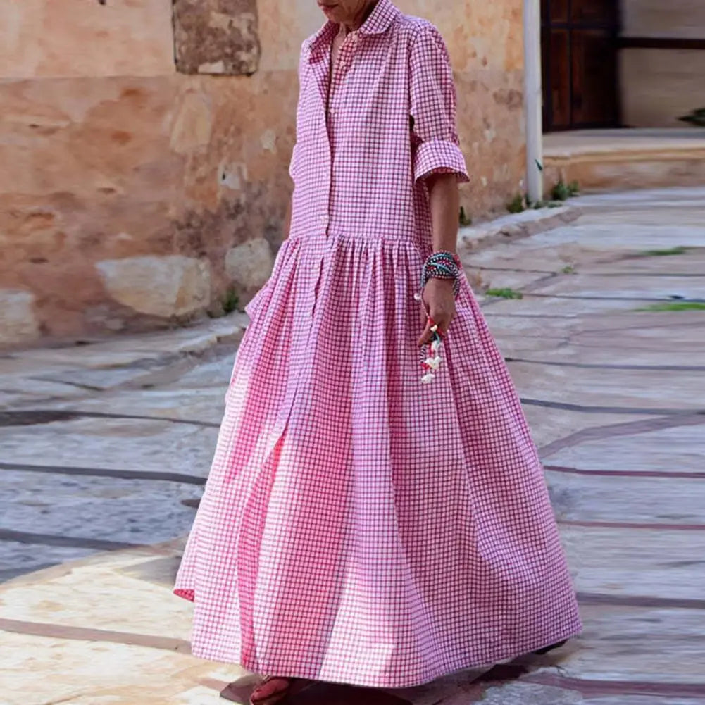 Wjczt Lapel Plaid Print Women Shirt Dress Summer Elegant Party Dresses For Women 2024 Casual Full Length Lady Maxi Dres Pleated Dress Tunics Cozy comfortable