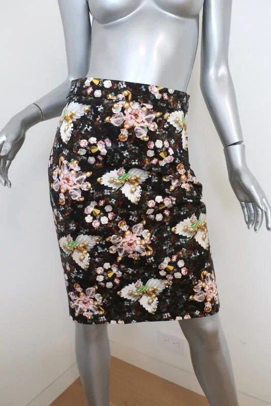 Mary Katrantzou Skirt Decora Jewel and Flower Print Stretch Cotton Size 10 US 6 lace skirt delicate
