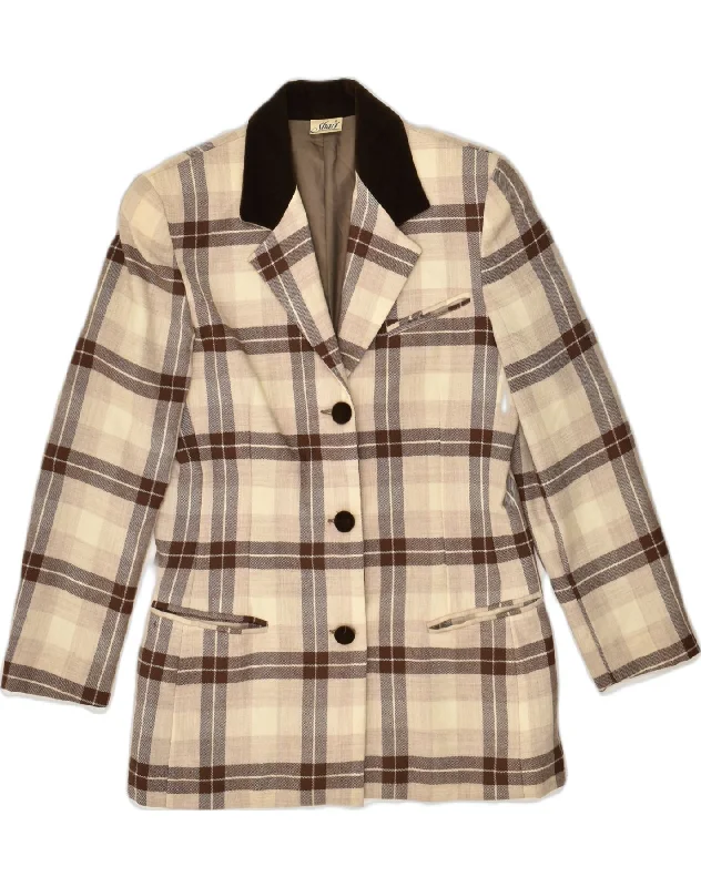 SHARI Womens 3 Button Blazer Jacket IT 42 Medium Brown Check Cupro Boat Neck Shawl Collar Notched Collar