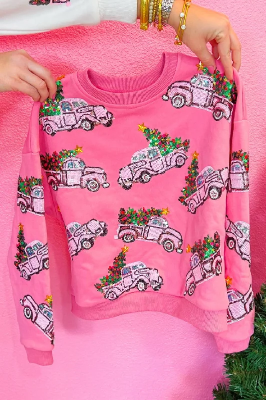 Kids Pink Trucks w/ Christmas Trees Sweatshirt - Pink Hoodie with Drawcord Adjustable Secure