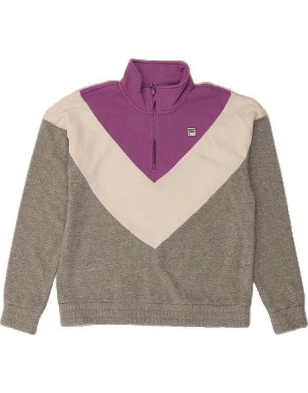 FILA Womens Zip Neck Sweatshirt Jumper UK 18 XL Grey Colourblock Cotton Hoodie with Tied Waist Feminine Flattering