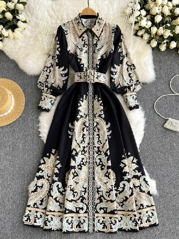 Wjczt Retro Printed Party Dress Women Polo Collar Long Sleeve Elegant Long Dresses Spring Autumn French Single Breasted Shirt Dress High-Low Hemline Casual