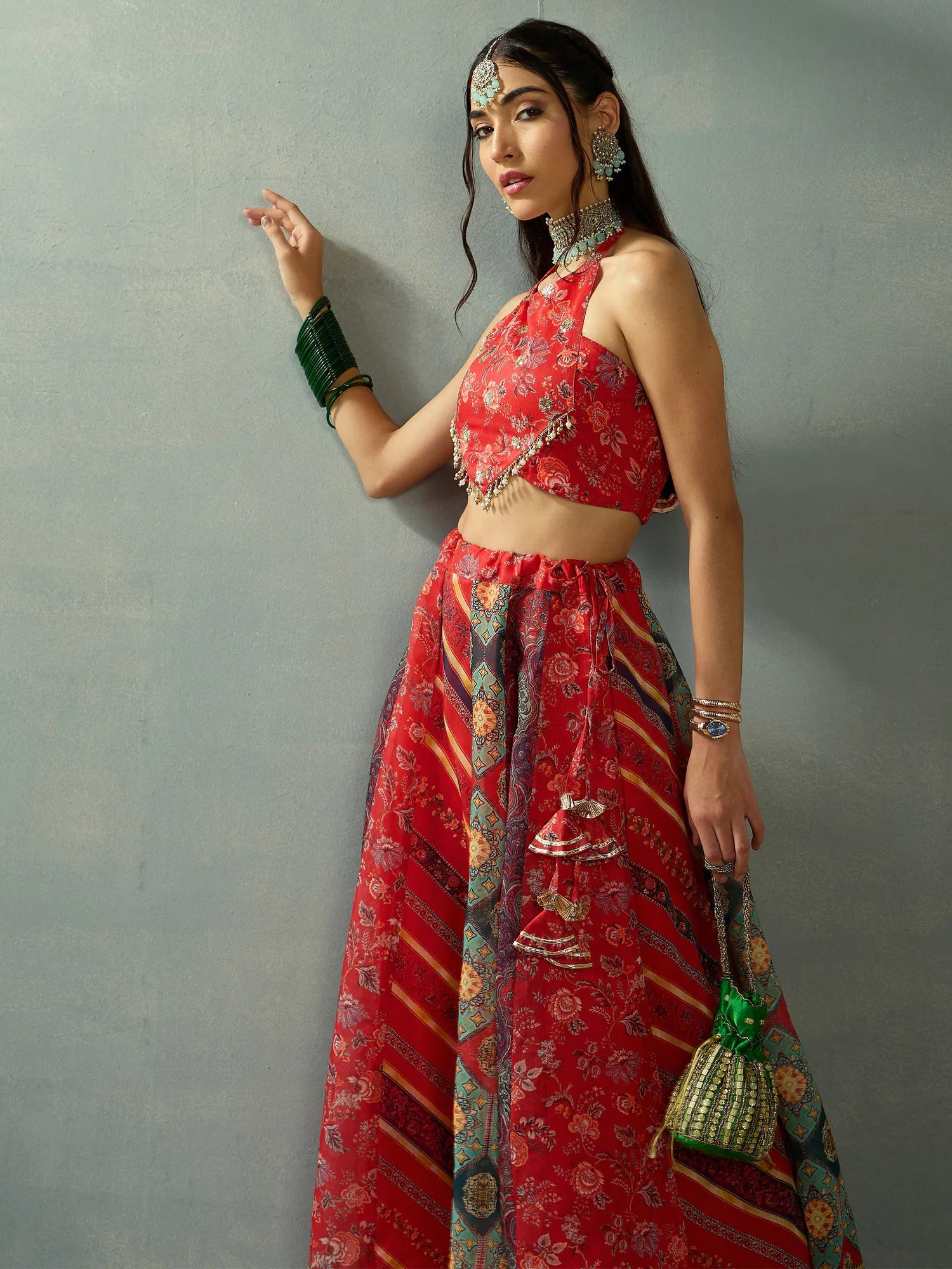 Women Red Halter Neck Crop Top With Anarkali Skirt-SHSET96052 vintage skirt charm