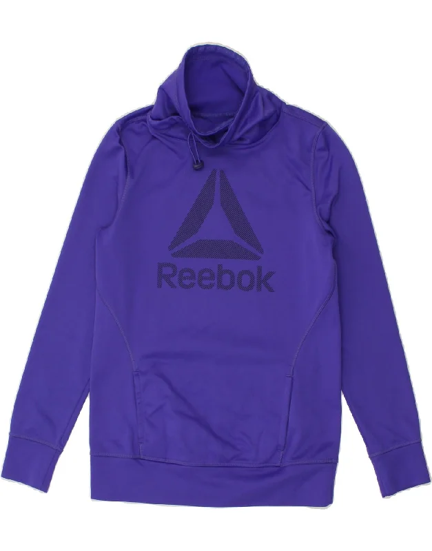 REEBOK Womens Graphic Sweatshirt Jumper UK 8/10 Small Purple Polyester Hoodie with Hem Ribbing Snug Secure