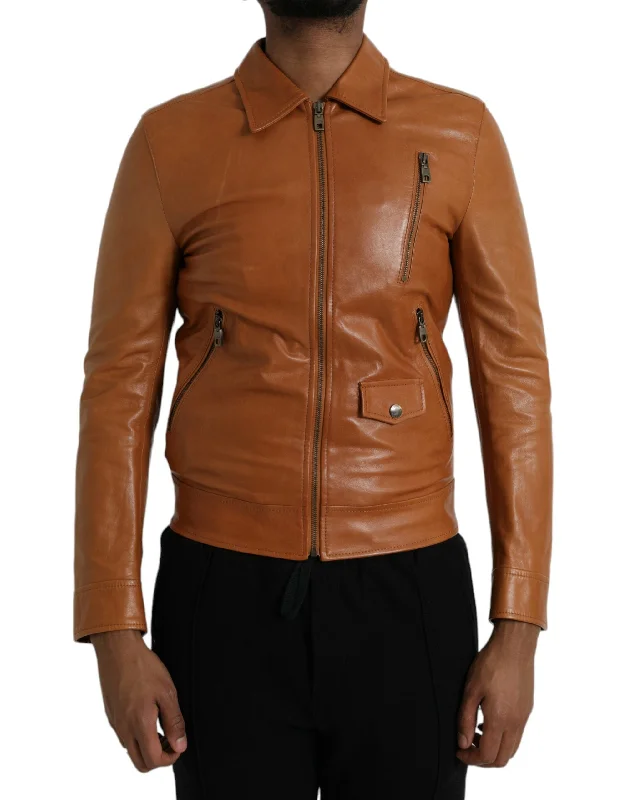 Brown Lamb Leather Full Zip Blouson Jacket Herringbone Jacket Checkered Jacket Solid Jacket