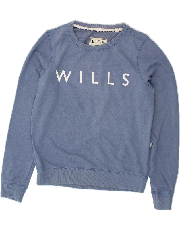 JACK WILLS Womens Crop Graphic Sweatshirt Jumper UK 8 Small Blue Cotton Hoodie with Hem Elastic Stretchable Comfortable