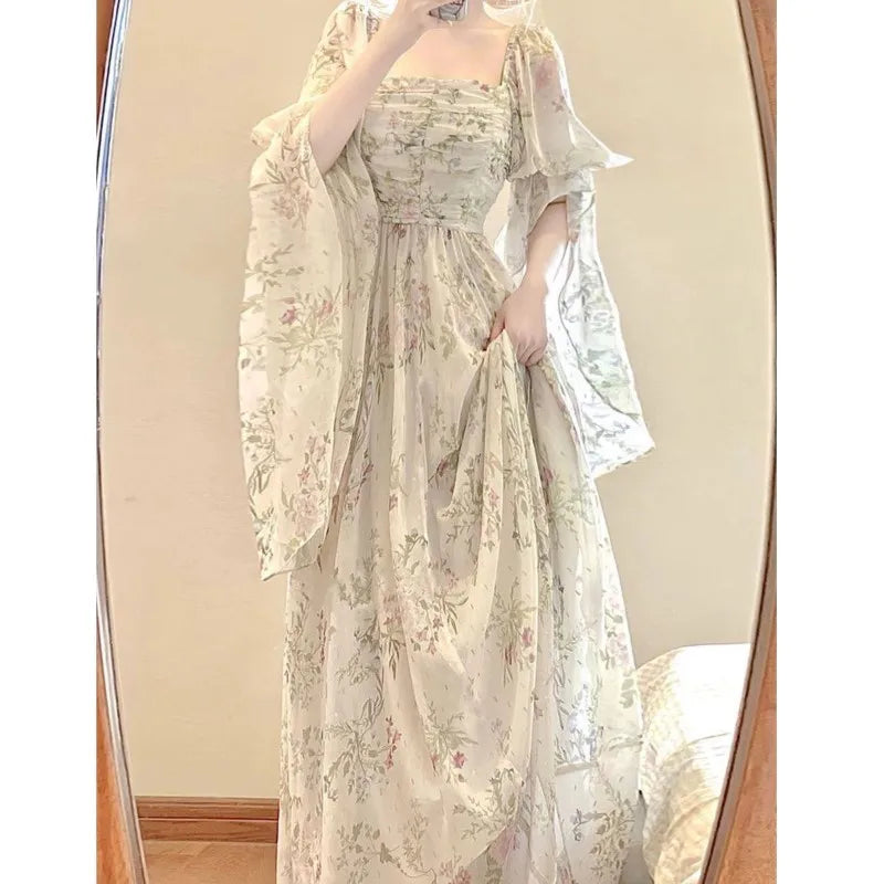 Wjczt French Vintage Floral Midi Dresses Women 2024 Autumn New Elegant Casual Princess Evening Party Dress One Piece Vestidos Mujer Tunics Long Elegant
