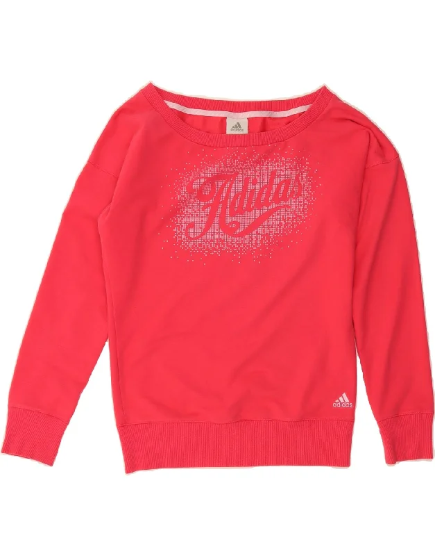 ADIDAS Womens Graphic Sweatshirt Jumper UK 12 Medium Pink Cotton Hoodie with Ribbed Hem Stretchable Secure