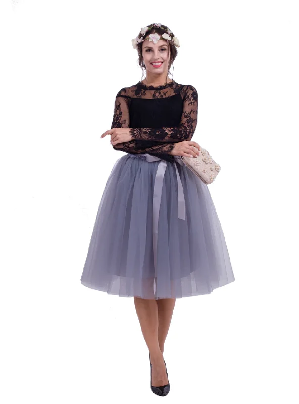 Women Gray Belt Puff Tulle Skirt ribbed skirt waist