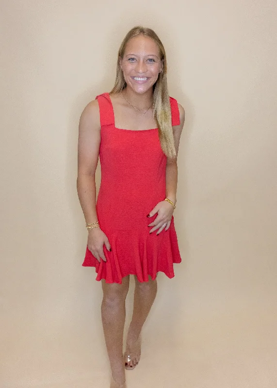 Red Bow Drop Waist Dress Turtleneck Neckline Stylish