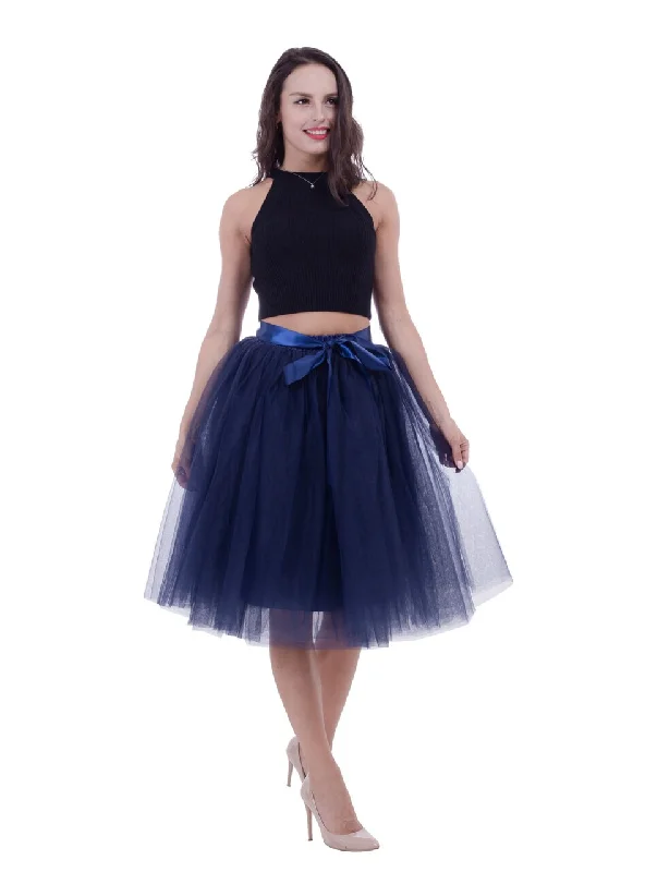 Navy Blue Gauze Belt Puff Tulle Skirt denim skirt classic