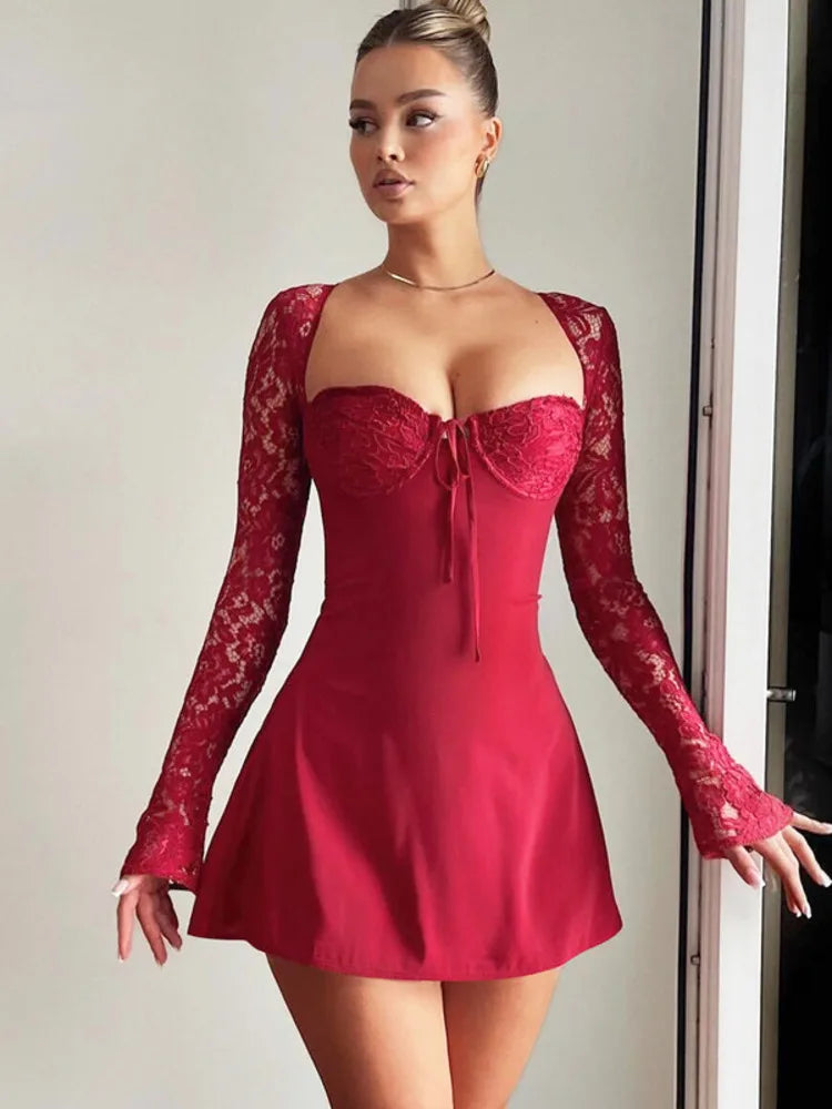 Wjczt Halter Strapless Sexy Mini Dress For Women Summer New Sheer Lace Long Sleeve Backless Lace-up Party Dress Fashion Tunics Cozy comfortable
