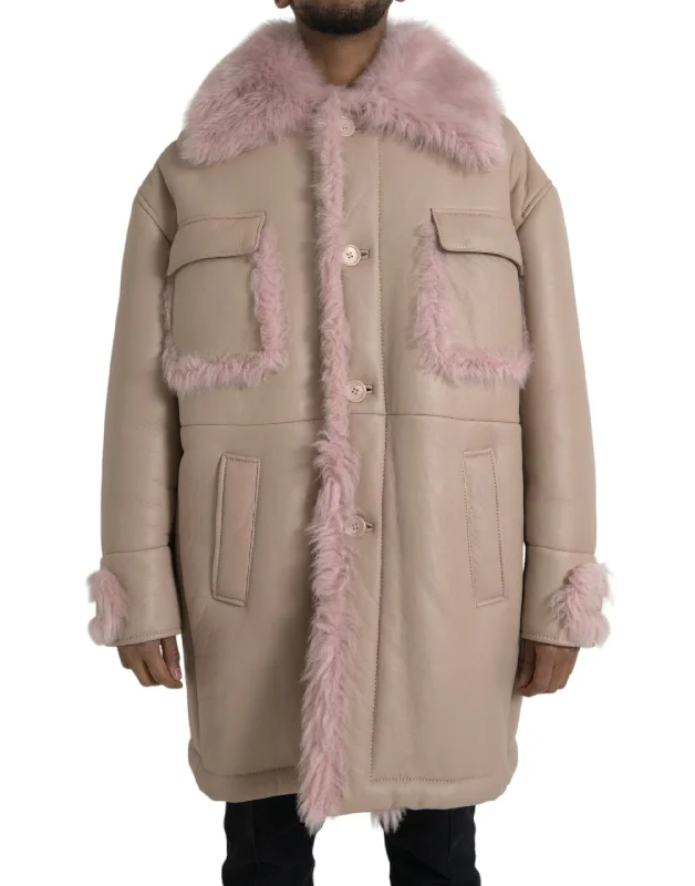 Beige Pink Lamb Leather Shearling Coat Jacket Tailored Jacket Straight Jacket A-Line Jacket