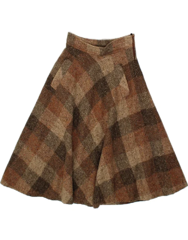 VINTAGE Womens A-Line Skirt UK 8 Small W26 Brown Check Wool lightweight skirt design