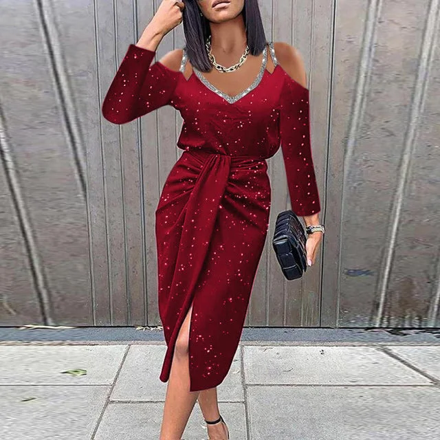 Wjczt Women's Summer Sexy Dress Hollow Out Long-sleeve Bodycon Waist Party Dress 2022 Woman Casual Fashion V-neck Party Dresses Tunics Travel practical